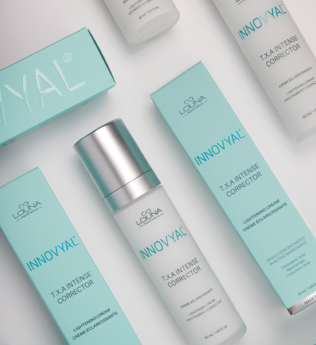 Innovyal skincare, T.X.A intense corrector cream with light blue packaging