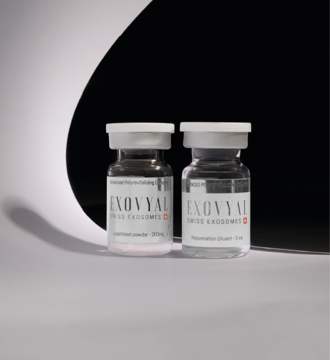 Exovyal dual exosome vials with premium Swiss aesthetic design