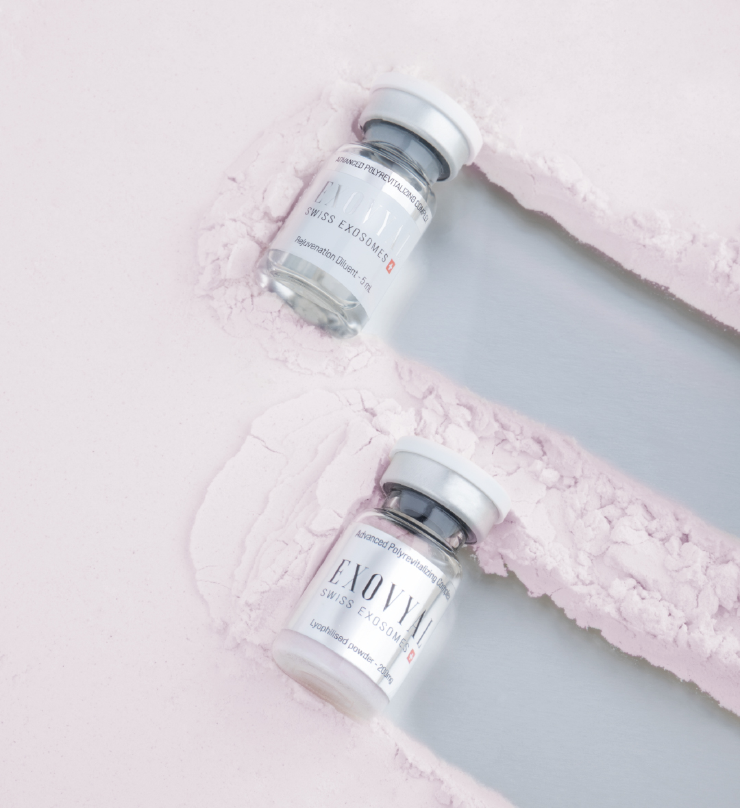 EXOVYAL exosome vials with dehydrated pink cellular powder , advanced Swiss regenerative aesthetic treatment
