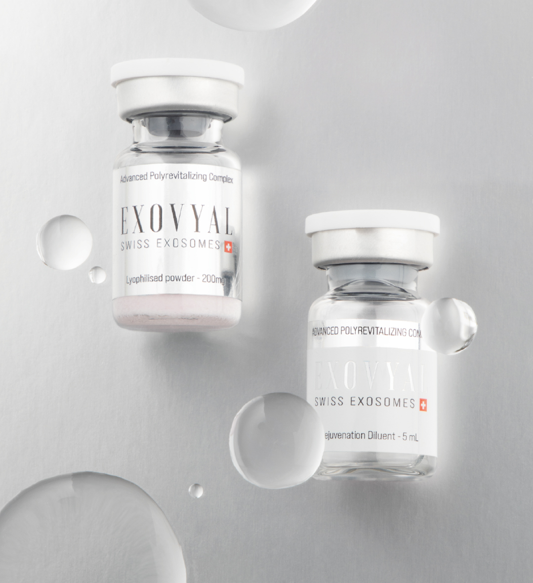 EXOVYAL Swiss exosome vials with hydration droplets – advanced polyrevitalizing injectable for aesthetic regeneration