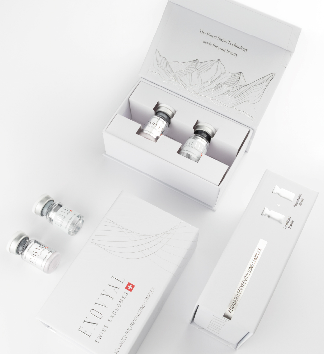 EXOVYAL exosome-based treatment packaging and vials – Swiss regenerative skincare by Louna Aesthetics
