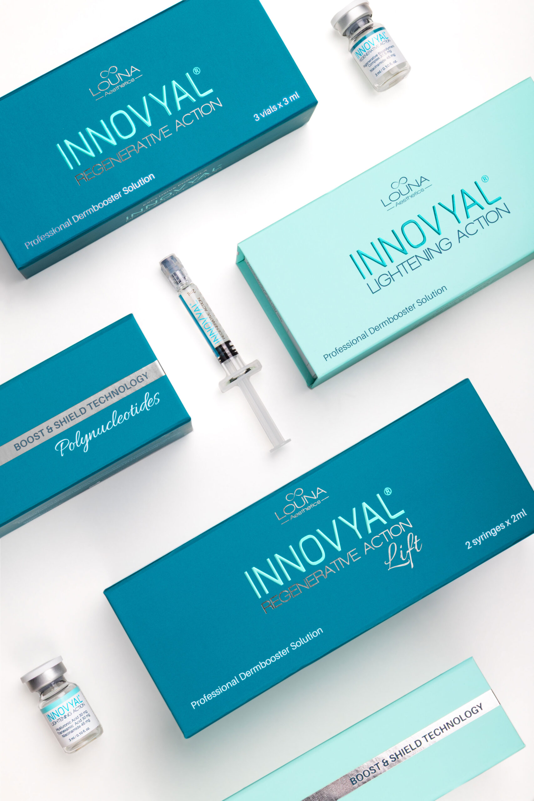 Flatlay of INNOVYAL Dermobooster skincare boxes and syringe – regenerative skin booster by Louna Aesthetics