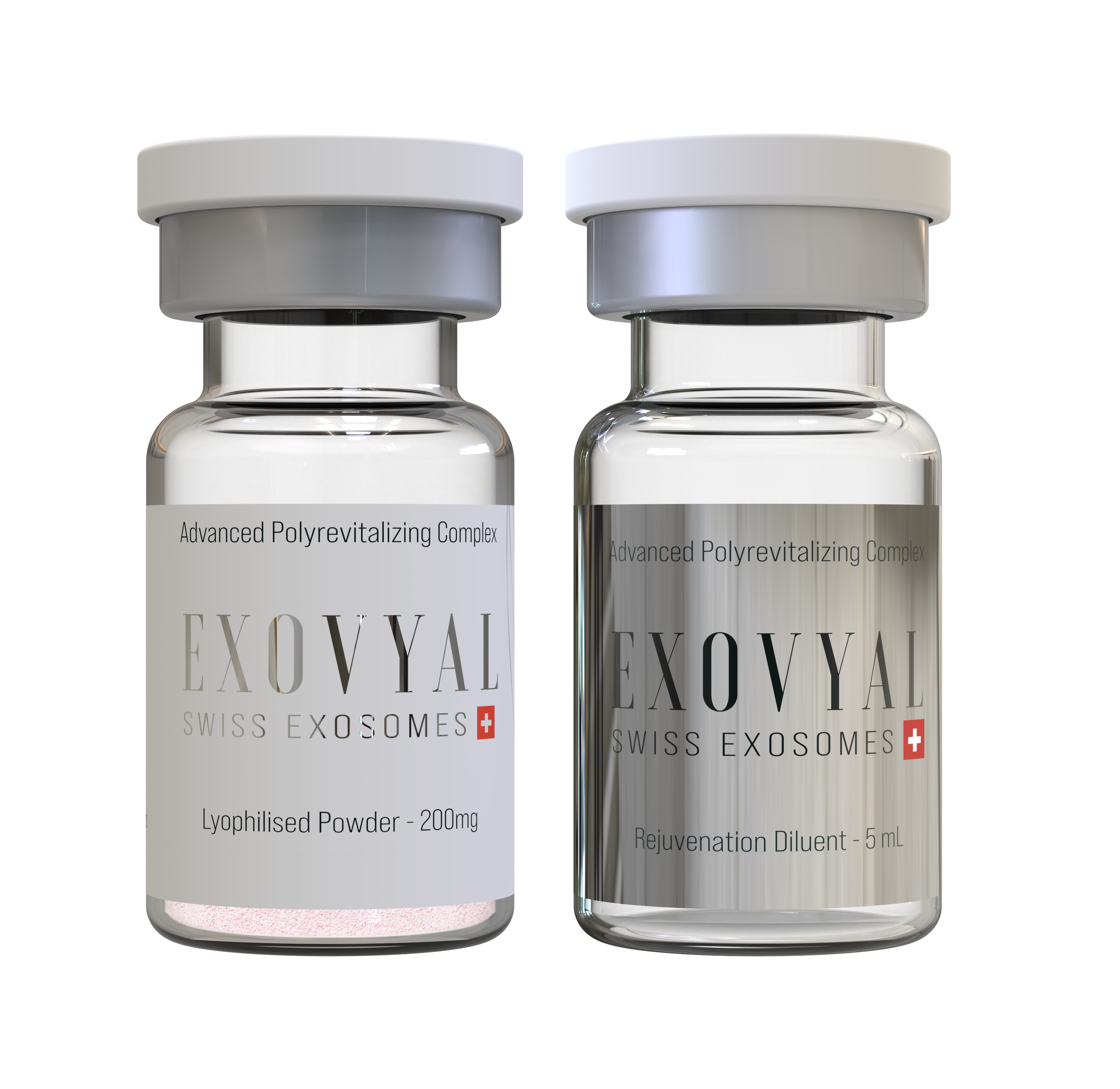 Close-up of EXOVYAL Swiss exosome vials – lyophilized powder and diluent for regenerative aesthetic treatment